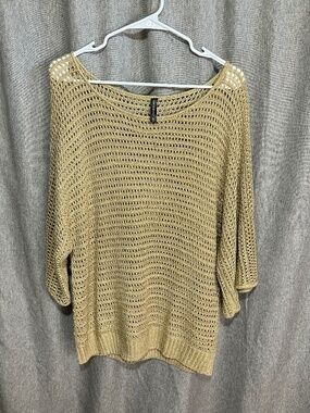 Massini Gold Metallic Open Crochet Knit Wide Scoop Neck Dolman Sleeve Sweater XL